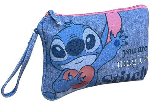 CARTOON Pochette mare Stitch con cuore Disney beauty case effetto denim con laccetto e chiusura a zip organizer borsa a mano