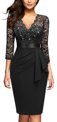 MIUSOL Women's Vintage Lace V-Neck 3/4 Sleeves Cocktail Party Formal Wedding Guest Work Bodycon Dress
