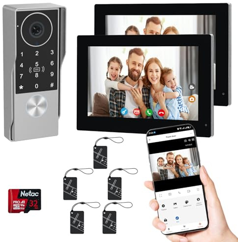 2-Wired key pad Video Intercom System with keypad,doorbell with monitor Dual 7'' Touch Screen, 1080P HD Camera, Passcodes Unlock, Night Vision, Tuya app, Waterproof, for Front Gate Apartment Home