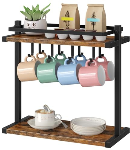 HOOBRO Coffee Mug Holders Stand, Countertop Mug Holder Rack with 8 Hooks, Mugs Storage with Open Shelves, for Kitchen, Tea, Coffee Bar, Rustic Brown and Black EBF40TL01