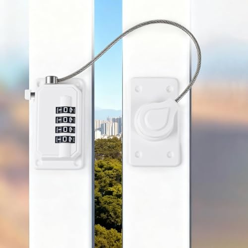 Gexuamz Window Lock No Drilling Safety Lock with Code, White Window Lock for Pets, Adjustable Safety Cable, Tilt Protection for Windows and Doors