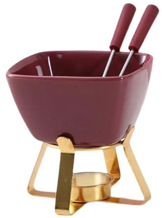 FytStycale Chocolate Fondue Mug with 2 Forks, 300ml/10.5oz Kitchen Gadgets Ceramic Fondue Cup Butter Heater Tea Light Melting Hot Pot Warmer Mug for Candy Snack Chocolate Butter, Red with Gold Rack