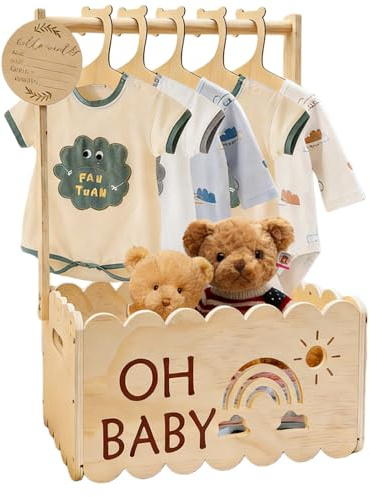 Holz Babyparty Geschenk mit Griff, Baby Aufbewahrungskorb, Holz Baby Geschenk Korb, Babykorb Neugeborene für Schwangere Neue Eltern, Ideal für Windeln, Kleidung und Spielzeug (Holzfarbe)