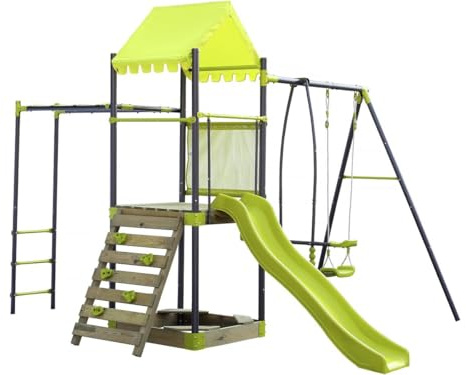 Aire de Jeu portique en métal avec Toboggan et bac a Sable Lucien - Vert
