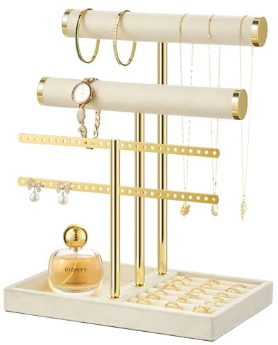 Josmimic Organizador de joyas con 3 niveles – Grande Beige Soporte para joyas pulseras de terciopelo para pulsera, collar, relojes, anillos