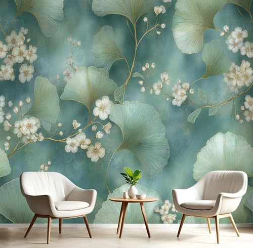 Papier Peint Panoramique 300x210cm style oriental Impression Paysage Végétal Feuilles de ginkgo à l'aquarelle Peint Décoration Murale Poster vert Fresque Murale Salon Chambre Á Coucherr Bureau Salle