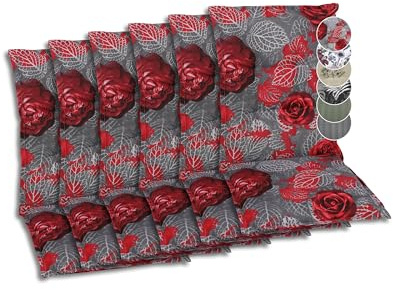GO-DE Textil Bequeme und attraktive Polsterauflagen für Mittellehner-Gartenstühle (6er-Set, Red Roses grau, Mittellehner)