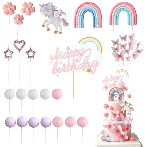 TENGWA Einhorn Tortendeko 34 Stück Unicorn Cake Topper Kuchendeko Einhorn | Unicorn Cake Decoration mit Kerzen Regenbögen Blumen Schmetterlingen und Mehr für Jungen und Mädchen