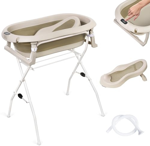 moovkee. Baby Badewanne mit Gestell 80cm – Babybadewanne Faltbar Beige | mit Thermometer, Badesitz und Abflusssystem - Babywanne mit Ständer Sicher für Ihr Neugeborenes