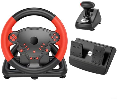 CWOQOCW Wireless Gaming Steering Wheel for PS4 PC for ANDROID for IOS Smart TV, Compact Race Controller with Foot Pedal, ABS Material for Simulator Setup(Red)