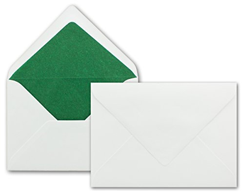 25 x Briefumschläge in weiss mit dunkel-grünem Seidenfutter, DIN B6 12,5 x 17,6 cm, Nassklebung ohne Fenster - Ideal für Hochzeits-Einladungen Grußkarten Weihnachtskarten