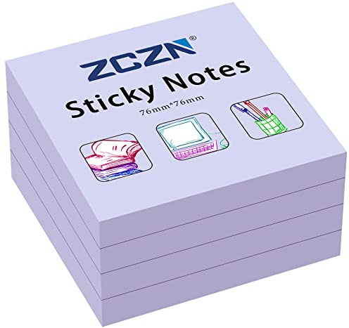 ZCZN 76 x 76 mm Sticky Notes, 100 Sheets/Pad, 4 Pads, Light Purple