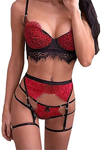 Sexoo Femme Sexy Ensemble de Lingerie Dentelle Col V de Nuit Nuisette sous-vêtements Soutien-Gorge et Porte-Jarretelles, 3 Pièces