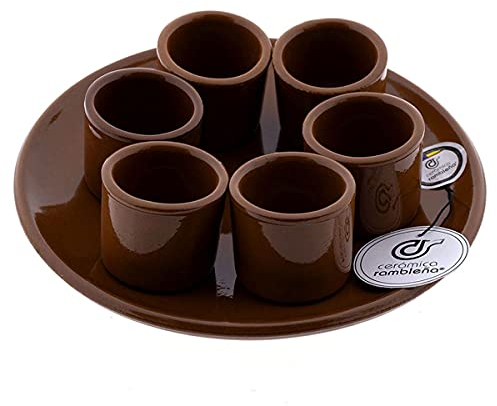 CERÁMICA RAMBLEÑA | Juego vasos de chupito | Vasos de chupito | Vasos chupito originales | Vasos chupito barro rojo conjunto x6 - Plato incluido | 40 ml