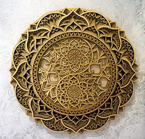 BHDecor Holz Yin Yang Mandala Wohnung Dekor Elegante Hauswandkunst Farbige Küche Hängende Chakra Spirituelle Yoga Meditation (38 x 38cm, Natural)