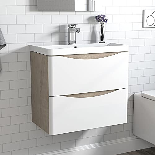 MYB 600mm Bathroom Vanity Unit with Basin Wall Mounted Storage Cabinet Space-saving Oak Body White Drawer Surface Designer