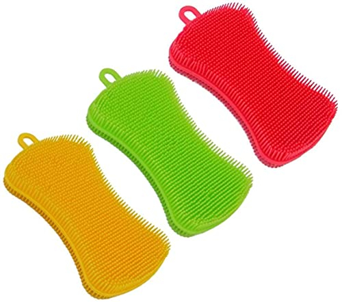 Éponge en Silicone,Aliments Grade Silicone Scrubbers 3 Pack Brosse Épurateur Polyvalent Cuisine Brosse à Vaisselle Éponge de Silicone pour Plat, Pot, Bot, Bol, Légumes, Fruits, Poêle
