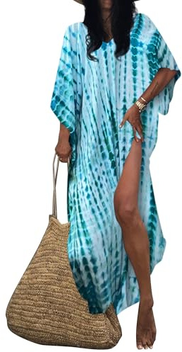 Bsubseach Femme Robe de Plage Tunique Plage Caftan Grande Taille Demi Manches Kaftan Bohème Maxi Longue Bleu Vert