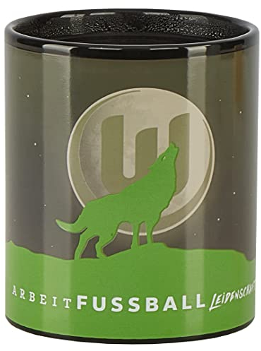 VfL Wolfsburg Keramik Zaubertasse Tasse Magic Mug Schwarz-Grün WOLF / LOGO MOND 0,3 l Schriftzug: Arbeit Fussball Leidenschaft