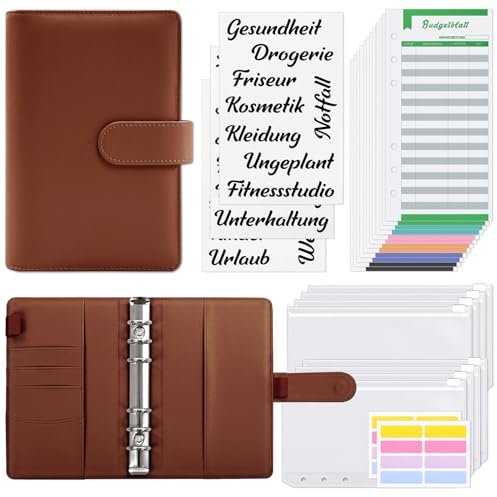 KONVINIT Budget Planner Deutsch Budget Binder A6,Budgetplaner Geldumschläge Umschlagmethode Sparen,Sparbuch mit Folien,Geld Organizer mit Budgetbogen,Etiketten,braun