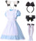 Timisea Lolita French Maid Blaues Kleid Outfits 5tlg französische Dienstmädchen Cosplay Kostüme Anime Katze Ohren Kopfbedeckung Spitze Halskragen Socken Set (XL - 56-63kg (125-140lb))