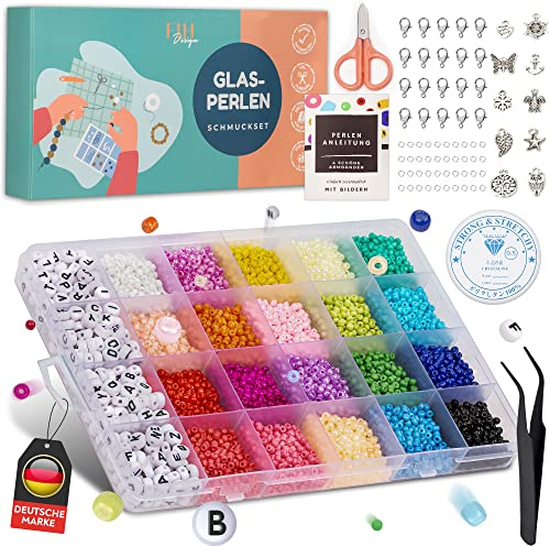FLH® Perlen zum Auffädeln - Glasperlen (3mm) Perlen Set mit Anleitung - Armbänder selber machen - für Kinder und Erwachsene - Schmuck Set