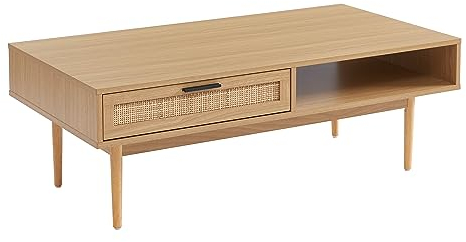 BAÏTA Table Basse Amana Effet chêne et cannage en rotin 2 tiroirs