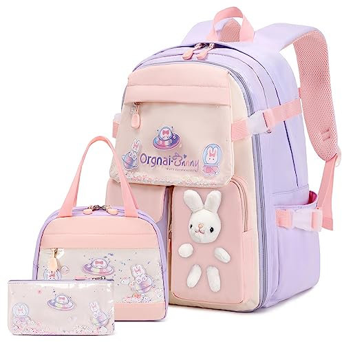 FIXITOK Juego de mochila para niñas, mochila escolar de 3 piezas para niñas, mochila de conejo Kawaii para niñas, jardín de infantes, escuela primaria, preescolar, viajes, guardería con lonchera y