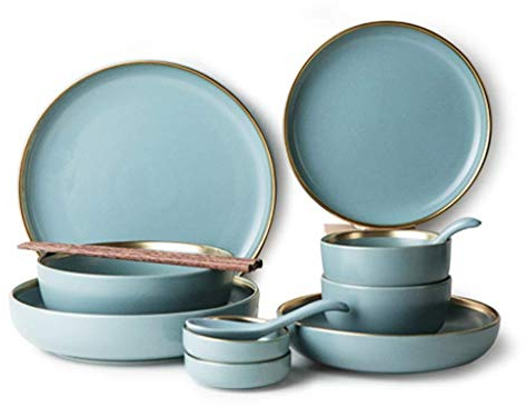 Plato llano de cerámica Juego de vajilla Juego de platos de cerámica para 2, Tazón de cereales y Platos de sopa, Pasta, Ensalada, Cereales, Sopa, Microondas y Lavavajillas Ensalada