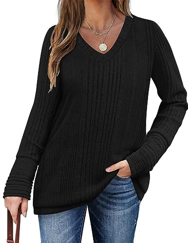 Zeagoo Jersey para mujer, cuello de pico, informal, suave, de punto acanalado, informal, de manga larga, túnica, Negro , M