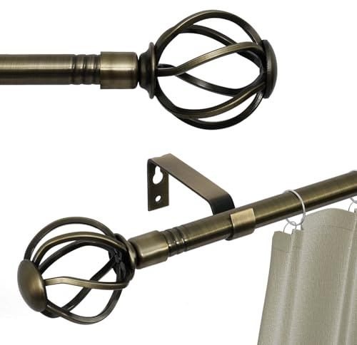 Antik mässing lång gardinstång 182 - 365 cm, 1,5 cm, med flätade ändar, slitstark gardinstång, för uteplats, skjutdörr i glas, sovrum, vardagsrum, mässing