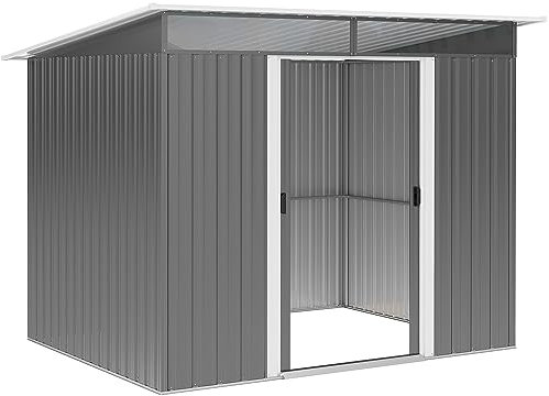 Outsunny Garden Shed with Skylight, Metal Storage Shed House for Gardening Tool Storage 8.5 x 6ft, Grey