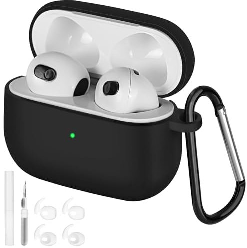 AXFEE Funda para AirPods 3.ª Generación (2021), Compatible con AirPods 3.ª Generación, Protección contra Caídas, con Kit Limpiador y Mosquetón y Gancho para Auriculares, Negro