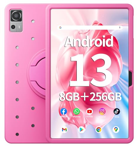 Naclud 12 Inch Tablet 8GB RAM 256GB ROM, Android 13 Tablet with Decorative Perforated Case, Octa-Core 2.0Ghz Processor, 2000 * 1200 FHD Screen, 5MP+13MP Camera, 8000mAh, GPS, WiFi, Bluetooth (Pink)