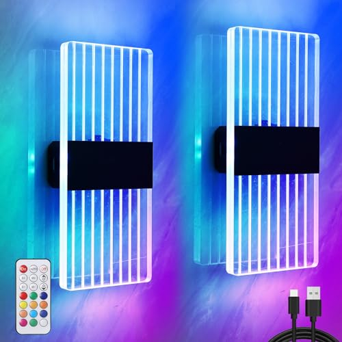 Applique Murale Rechargeable USB Sans Fil, Lampe Murale RGB Intelligente Avec Télécommande, 12 Couleurs+100 Modes Dynamiques, Dimmable Applique Murale Batterie LED Avec Interrupteur, Noir, Lot de 2