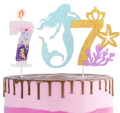 Mermaid 7th Birthday Cake Topper With Number 7 Sparkling Candles - Party Decorations for Girls Boys - Happy Mermaid Theme Cupcake Topper