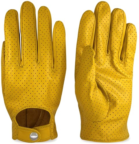 ZLUXURQ Herren Luxus und Weiches 100% Schaffell Leder Fahrhandschuhe mit Vollmaschige, Touchscreen, Gelb
