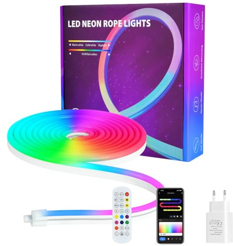 Adiwo Neon LED Strip 3m, 24V RGB LED Light LED Band Neon Seil Lampe DIY Lichteffekte Musik Sync IP65 Wasserdichte Flexible Neon RGB Streifen mit Fernbedienung APP Steuerung für Familie Dekor