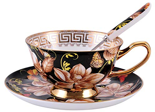 RUNZE765Z Coffee Cup Black Magnolia Coffee Cup And Saucers Bone China Coffee Cup Set Hand-painted Gold Teacup Set 220ml Creative Gift Tea Cup