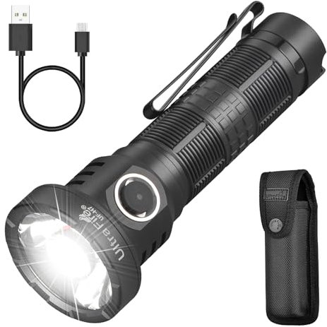 ULTRAFIRE Linterna LED súper brillante de 2500 lúmenes, linterna táctica con funda y batería, 6 modos de linterna pequeña recargable por USB, linterna EDC impermeable IPX8, con función de bloqueo