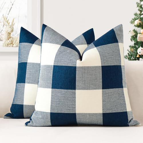 JOTOM 2er Set Buffalo Plaid Kissenbezüge, Dekorative Weich Plaid Wurf Kissenbezug Moderne Kissenhüllen Sofakissen Dekokissen Zierkissenbezug für Wohnzimmer Schlafzimmer Deko (45x45cm, Marineblau)