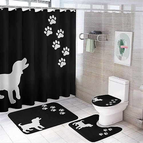 Lot de 4 rideaux de douche imperméables avec housse de toilette imperméable et tapis de douche Motif pattes de chien Noir/blanc 183 x 183 cm