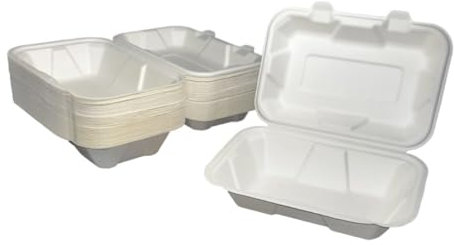 PBK Pack Of 50 Bagasse Large Box (9x6 Inch), 900ml, Biodegradable, Compostable And Disposable Takeaway Food Containers (9 x 6 - 50 Pack)