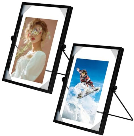 2 Stück Glas Metall Fotorahmen, 15x20 cm Doppelglas Bilderrahmen Stehend, Durchsichtiger Fotorahmen für Fotos, Gepresste Blumen, Pflanzenproben, Tischdisplay für Zuhause und Büro, Retro Design,Schwarz