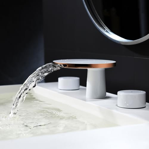 Robinet de Salle de Bains Mitigeur de Lavabo Robinet de Lavabo Robinet Cascade pour Lavabo de Salle de Bain 2 Poignées Robinet de Salle de Bain à Large Ouverture pour Lavabo à 3 Trous Blanc + Or Rose
