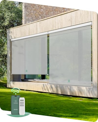 Yoolax Tende motorizzate per esterni, retrattili, intelligenti, compatibili con Alexa Google, con telecomando, per veranda, patio, tende a rullo impermeabili, 1,5 x 2,3 m (3% di apertura grigio paine)