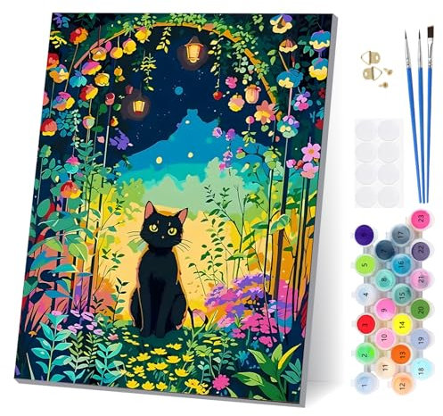 EOBROMD Peinture Numero Adulte Chat Noir avec Cadre, Fleurs Paint by Numbers avec Pinceaux Peintures Acryliques, Kit de Peinture à l'huile sur Toile pour Décoration de la Maison 30x40cm