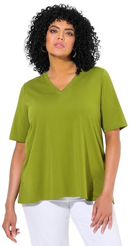 Ulla Popken Damen große Größen Übergrößen Plus Size T-Shirt, Materialmix, A-Linie, V-Ausschnitt, Halbarm grasgrün 50+ 839020420-50+