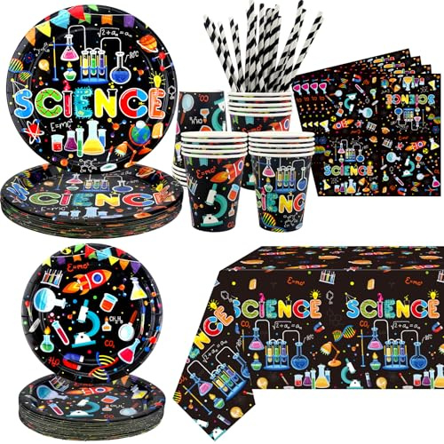 Science Party Supplies, Includes Plates, Tablecloth, Cups, Straws, for Boy Girl Scientist Lab Decoration Serves 20 Guests