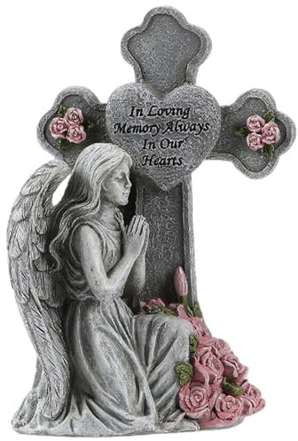 Hbbgdiy Angel Statue Solar Memorial Ornament 4.61x4.09x7.87 pollici di resina meteorologica Giardino Angelo con croce per prato all'aperto, patio, tomba e decorazione regalo di simpatia